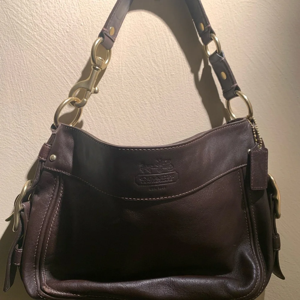 Coach Chocolate Leather Shoulder Bag with Gold Accents - Picture 2 of 12
